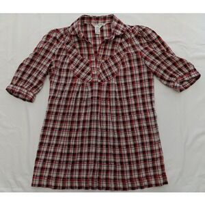 Max Studio Womens Red Plaid Babydoll Tunic Top Short Tab Sleeve Size L 9705Z37
